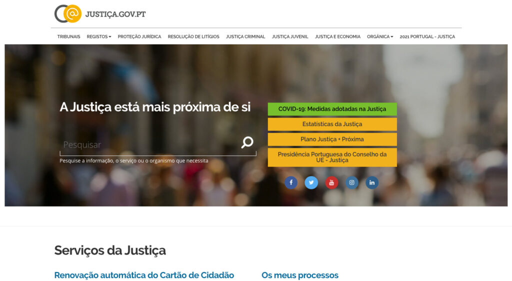 Imagem da página de entrada da plataforma de serviços públicos digitais do Portal da Justiça