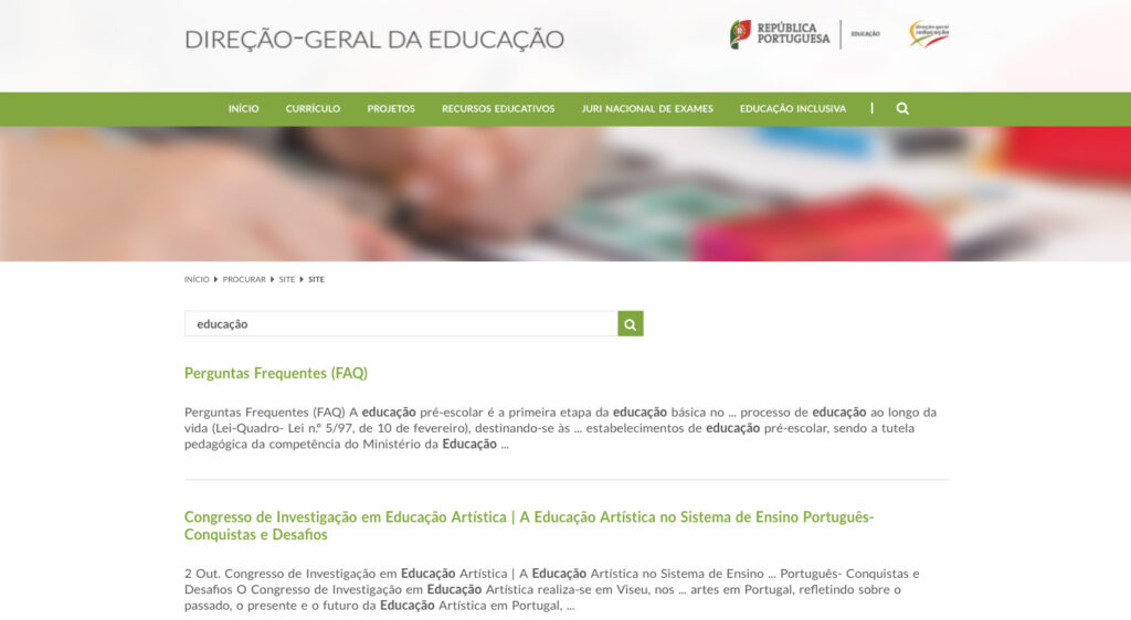 Imagem da página de resultados de pesquisa da plataforma de serviços públicos digitais da Direção-Geral da Educação
