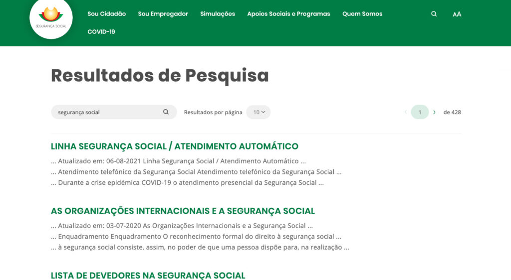 Imagem da página de resultados de pesquisa da plataforma de serviços públicos digitais da Segurança Social
