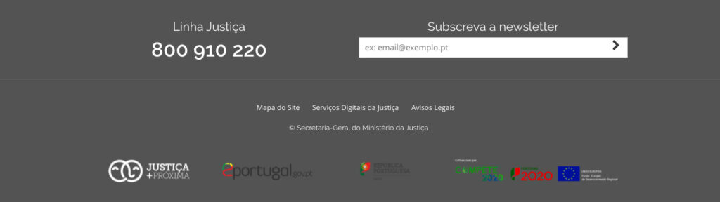 Imagem das opções de rodapé da plataforma do Portal da Justiça