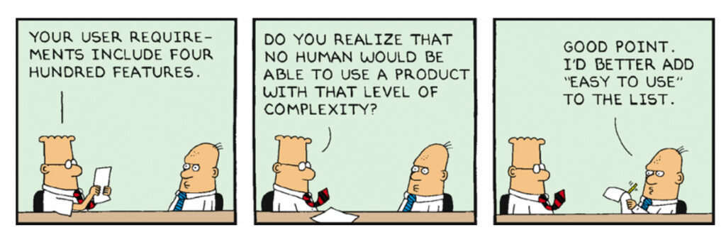 Ilustração de um cartoon do Dilbert sobre facilidade de utilização de produtos