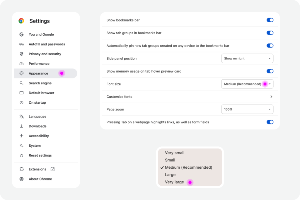 Funcionalidade disponível web browsers Google Chrome: Definições; Aparência; Tamanho de letra.