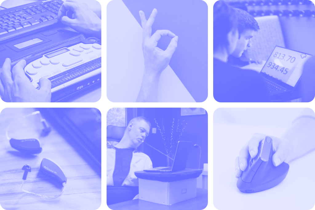 Linha de Braille, língua gestual portuguesa, ampliador de ecrã, aparelhos auditivos conectados com telemóveis, apontadores e ratos adaptados.